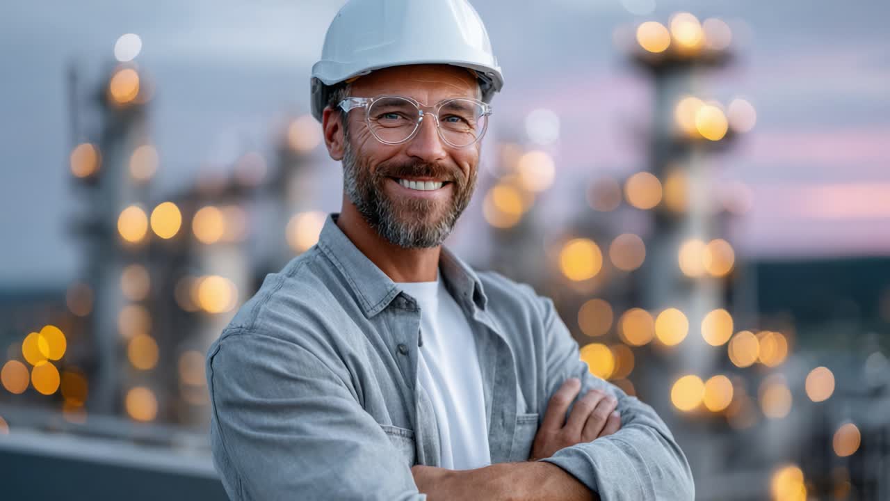 A Confident Worker in Safety Gear Smiling with Crossed Arms Against a Blurred Industrial Background of Equipment and Soft Lights