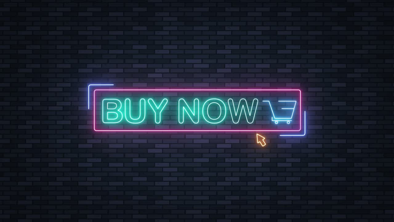 Glowing neon text and shopping cart icon flicker on a dark brick wall background