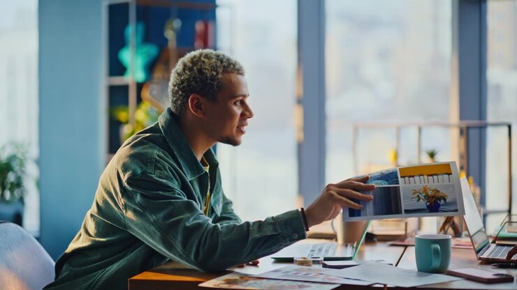 Man and woman analyzing charts office. Colleagues sharing documents at work