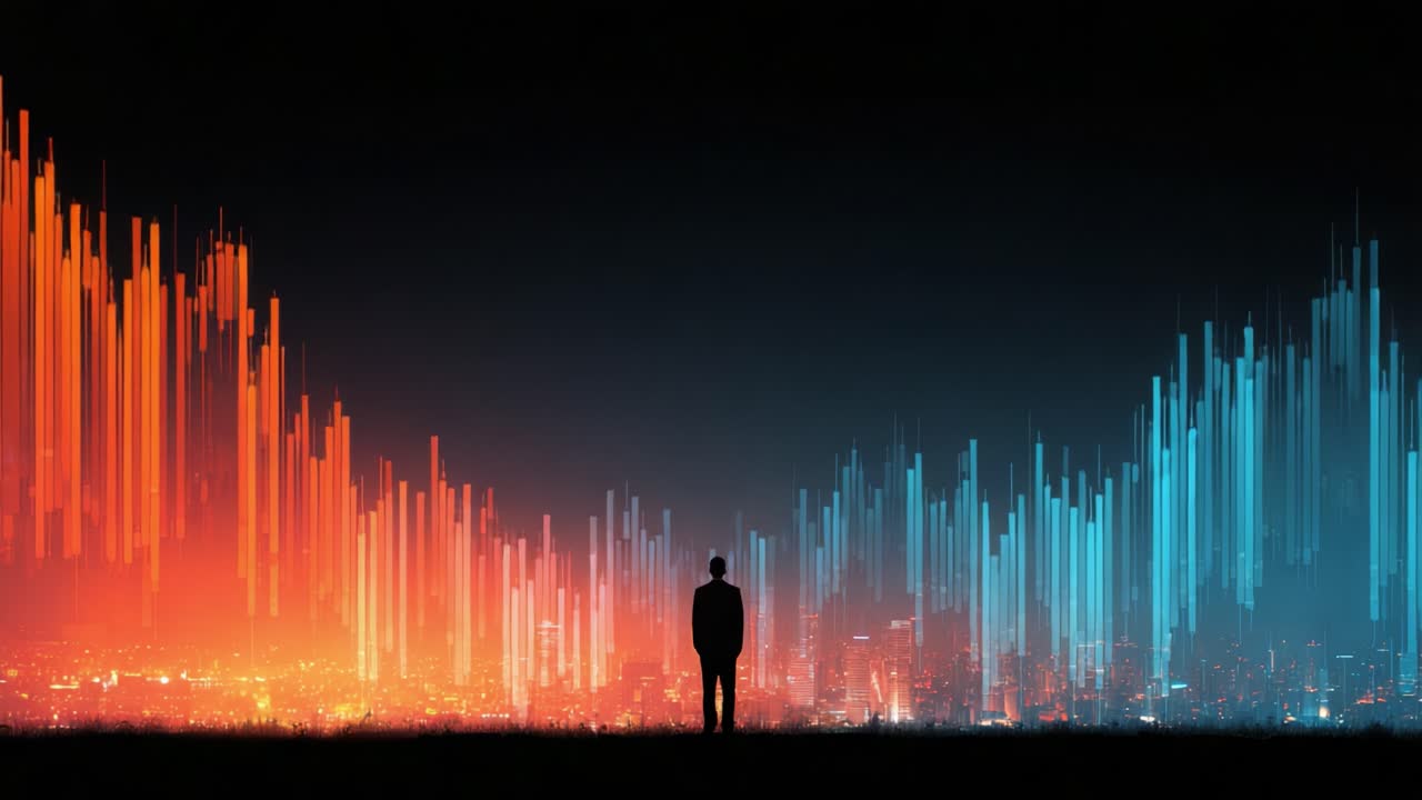 A Solitary Figure Stands Before a Vibrant City Skyline, Surrounded by Dynamic Graphs Representing Data Trends in Red and Blue Hues, Symbolizing Analysis and Insight