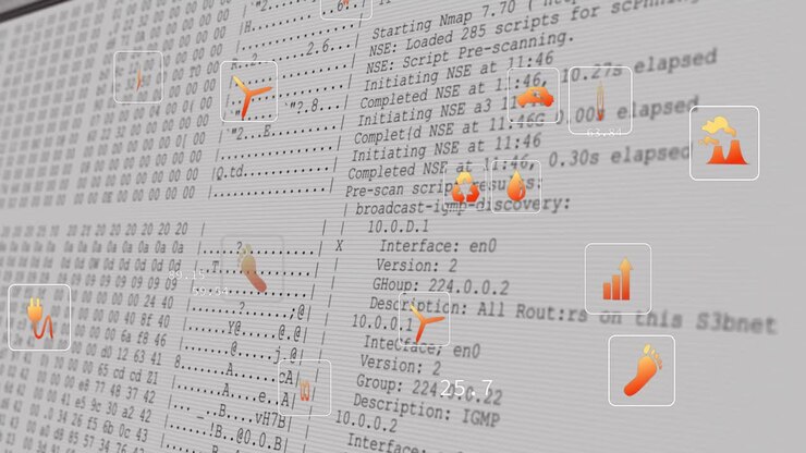 Animation of multiple digital icons over data processing on computer screen