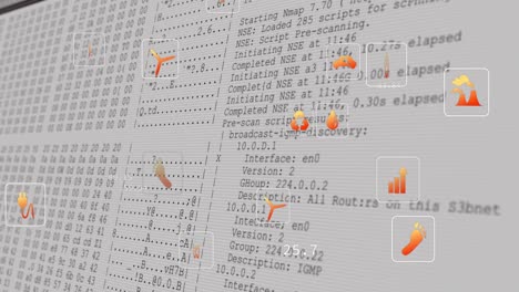 Animation-of-multiple-digital-icons-over-data-processing-on-computer-screen