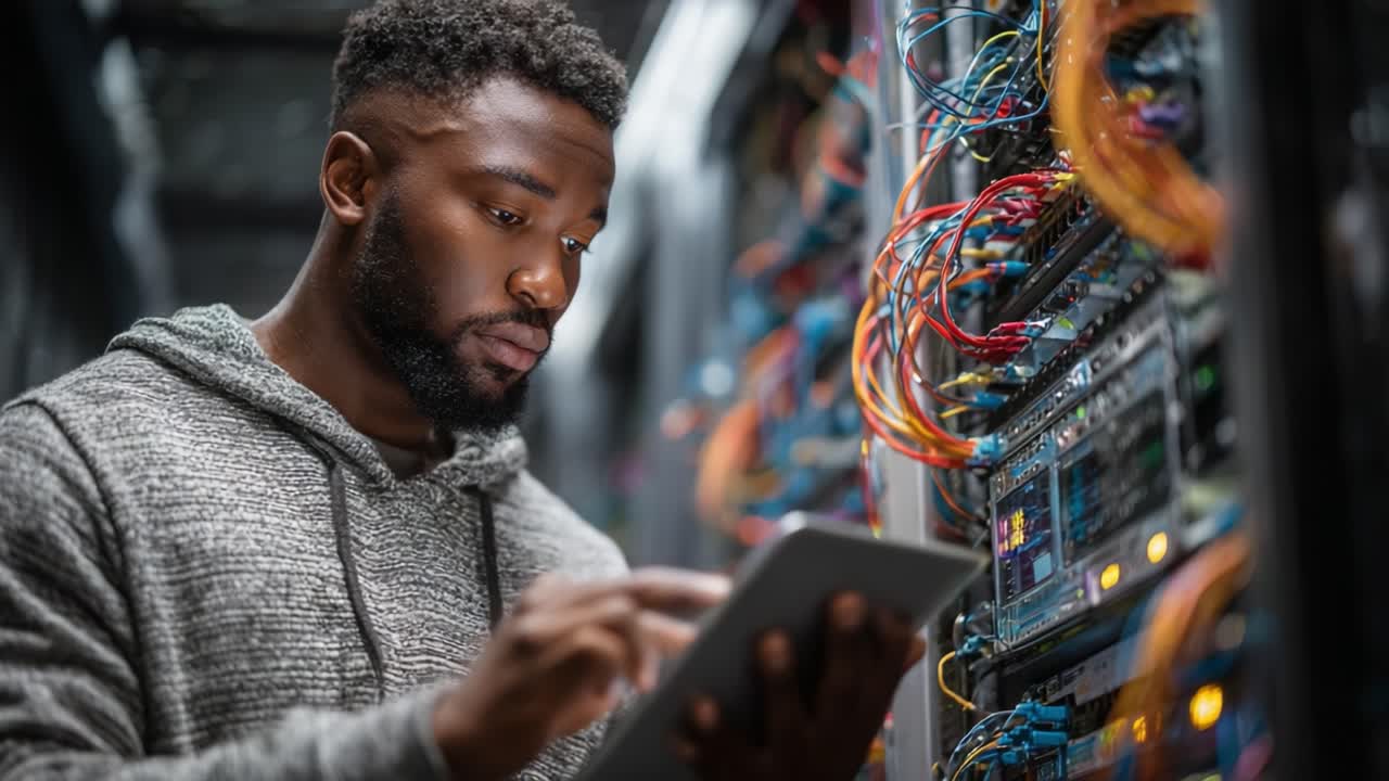 Professional IT technician reviewing data on a tablet while managing server cables and connections in a modern data center environment, showcasing technical expertise and concentration