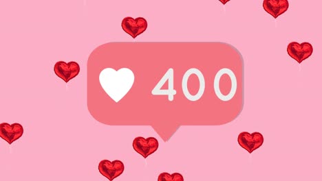 icono del corazón con números crecientes en la burbuja de habla contra múltiples corazones rojos flotando