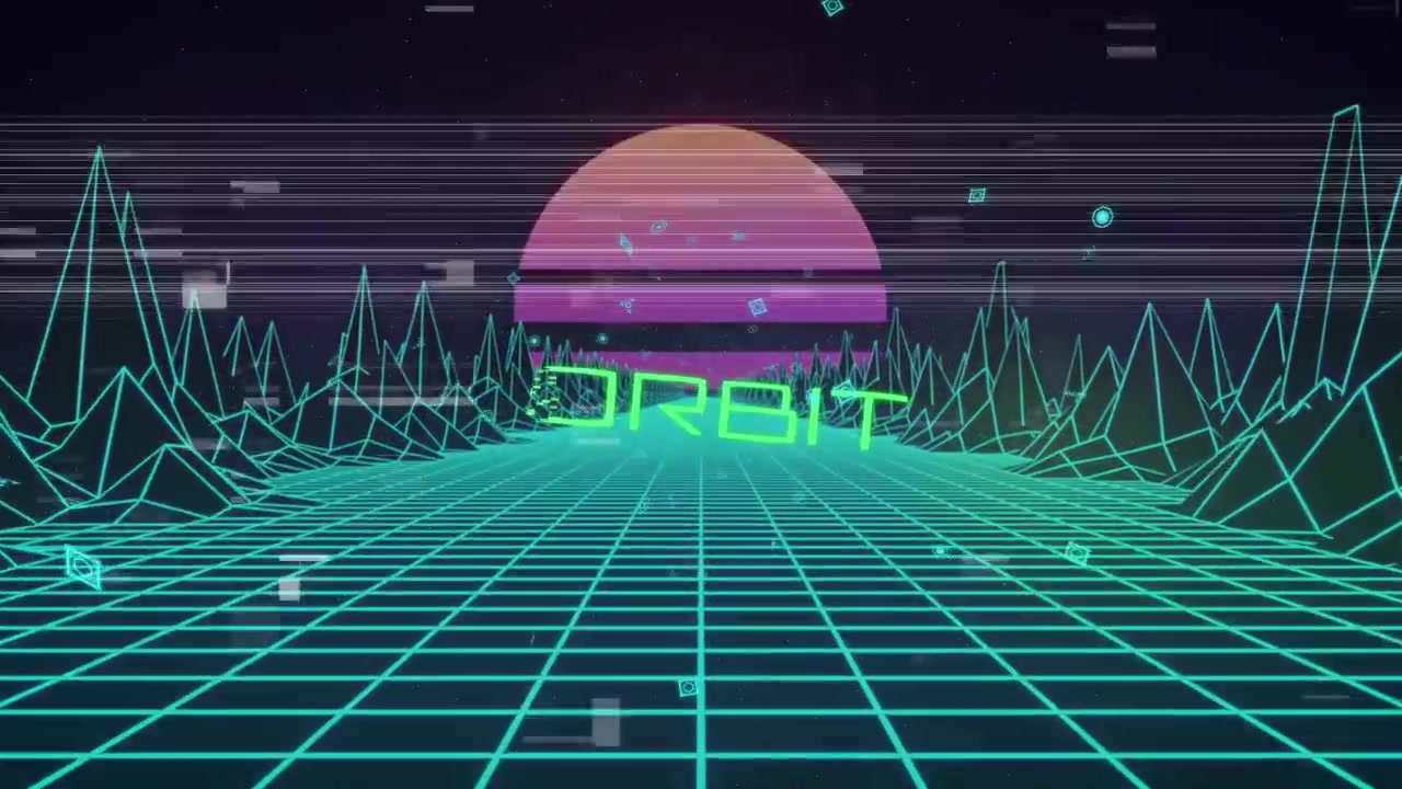 Grade de wireframe abrindo sob um meio-sol no ciberespaço, com linhas de varredura pulsantes, falhas e a palavra ORBIT se dissolvendo