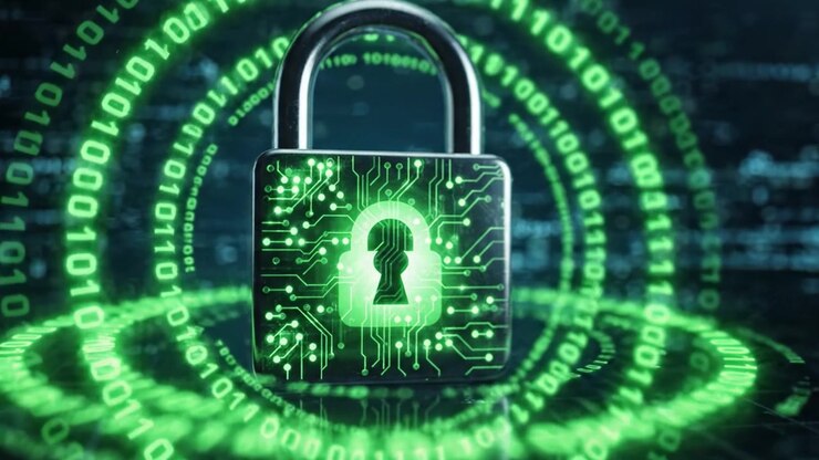 Digital Security: A Locked Padlock Surrounded by Binary Code and Circuit Patterns, Symbolizing Data Protection and Cybersecurity Solutions in a Modern Era