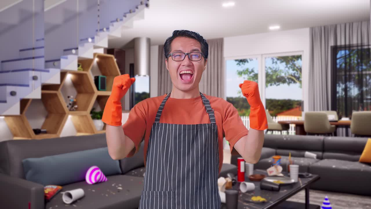 Happy Asian Male Housekeeper With An Apron Celebrating While Standing In House