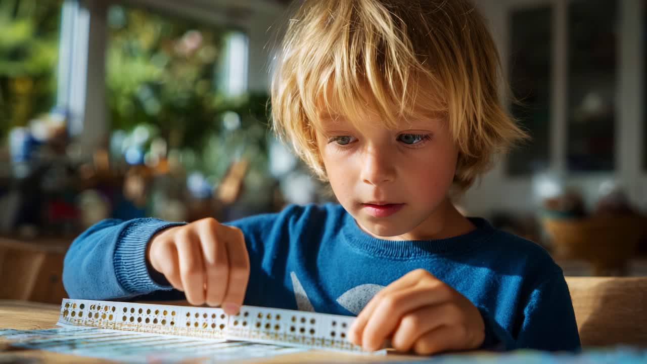 Focused Child Engaged in Creative Play with Colorful Counting Blocks in Indoor Environment, Showcasing Concentration, Imagination, and Hands-On Learning Experience