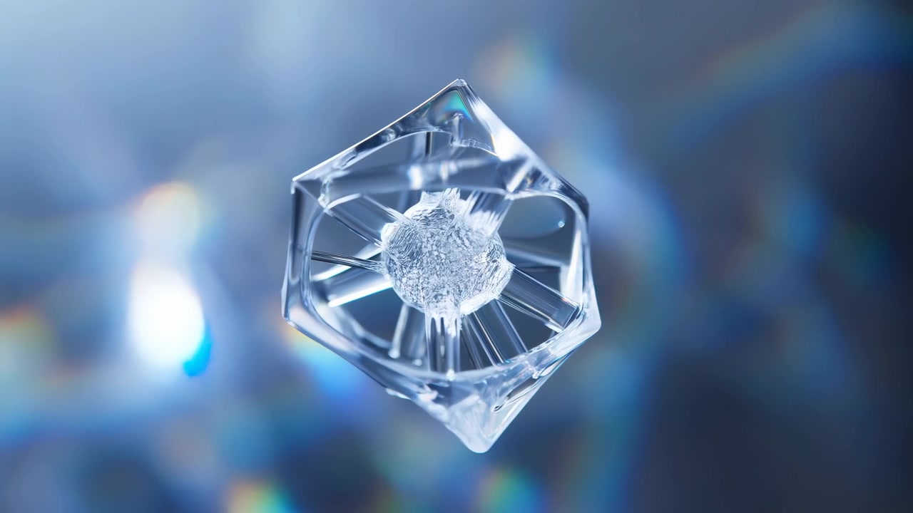 Clear angular structure turns steadily in close view while its textured core stays centered, shifting reflective edges and prismatic glints across a softly blurred dark blue background.