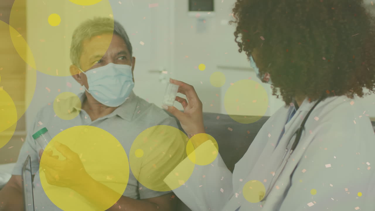 Animation of spots of light over african american female doctor giving medicines to male patient