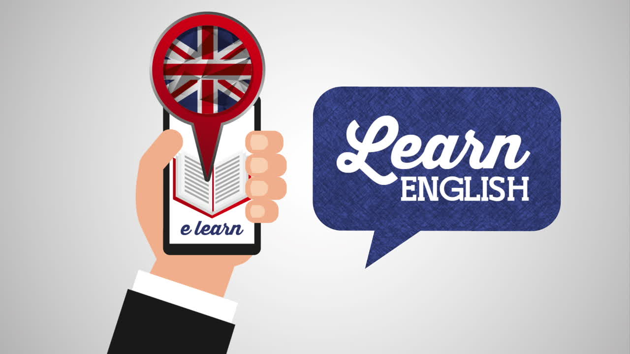 hand using smartphone with learn english animation