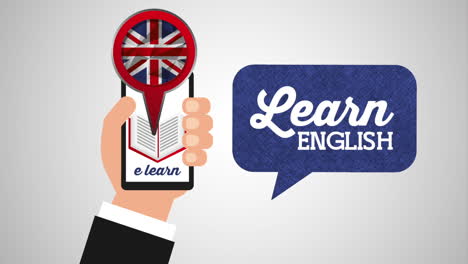 hand using smartphone with learn english animation