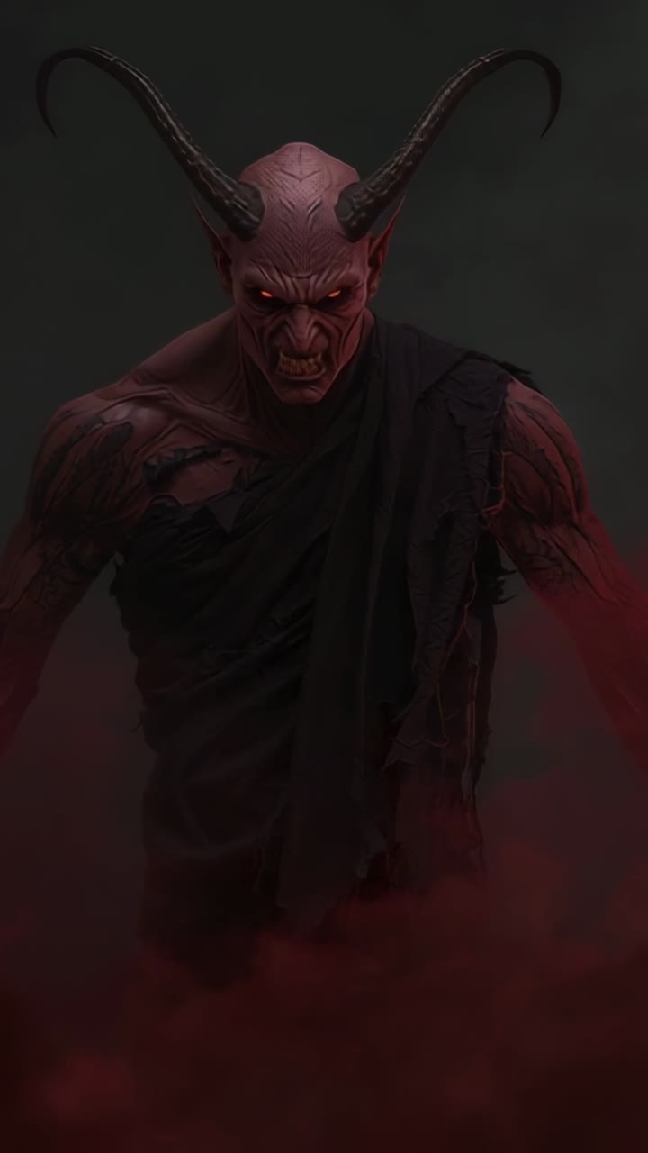 Vertical video: Crimson fog sparking horned demon emerging from mist on gray wall showing fangs