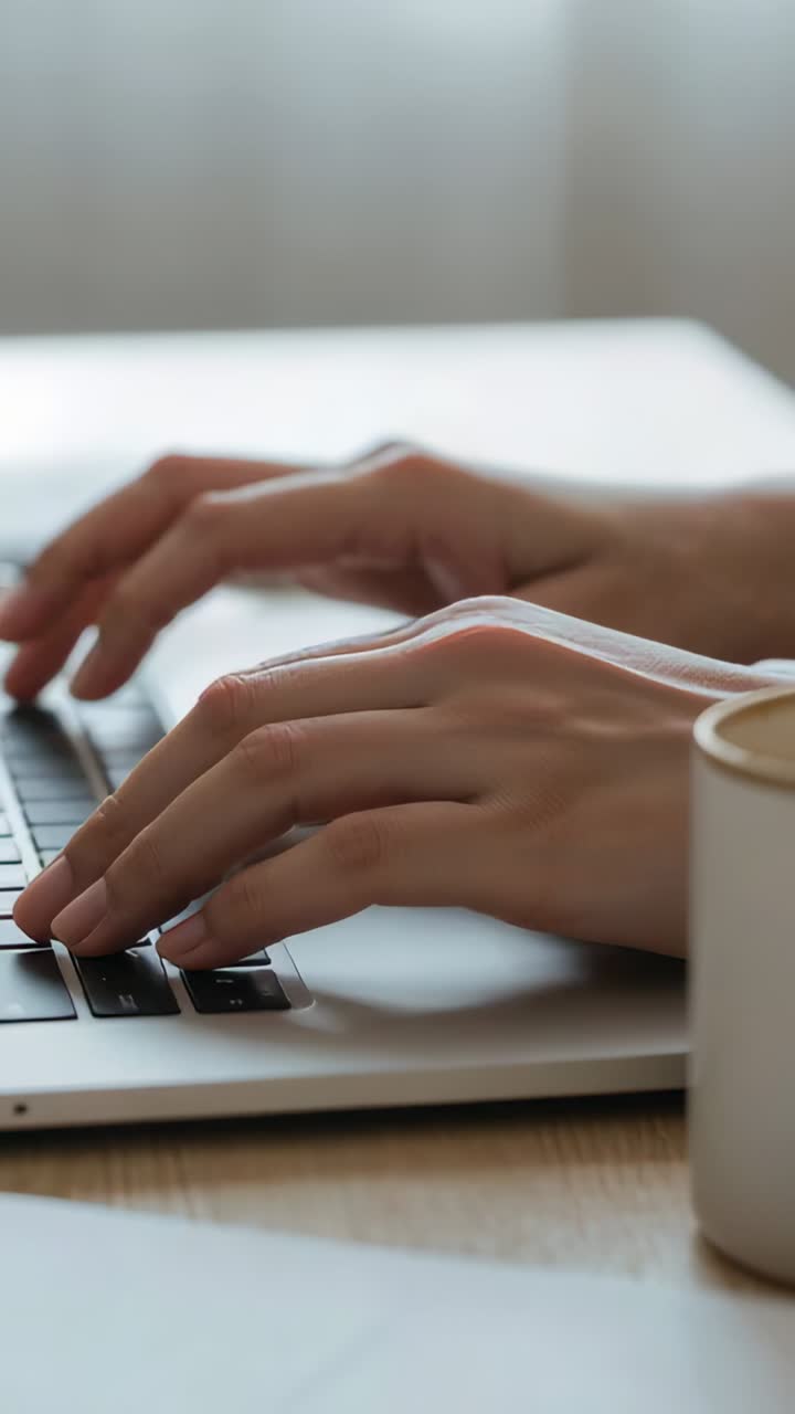 Vertical video: Fingertips landing, adult hands typing on laptop at desk, working with coffee mug