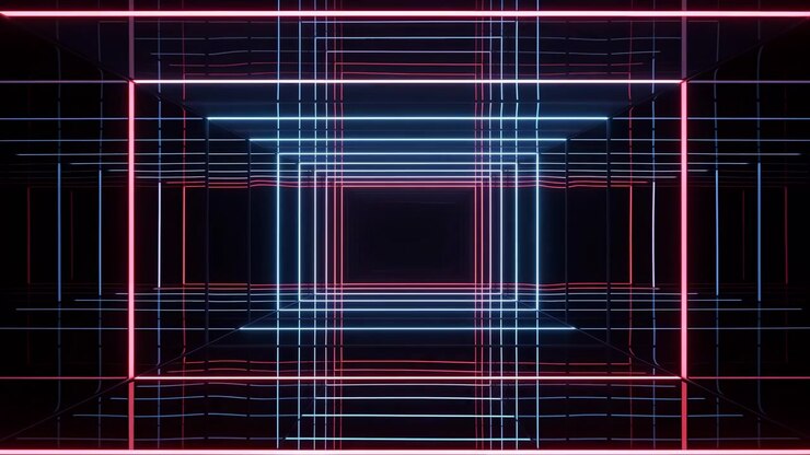 Abstract futuristic corridor made of glowing blue and purple light lines receding toward a centered vanishing point, forming a symmetrical geometric tunnel