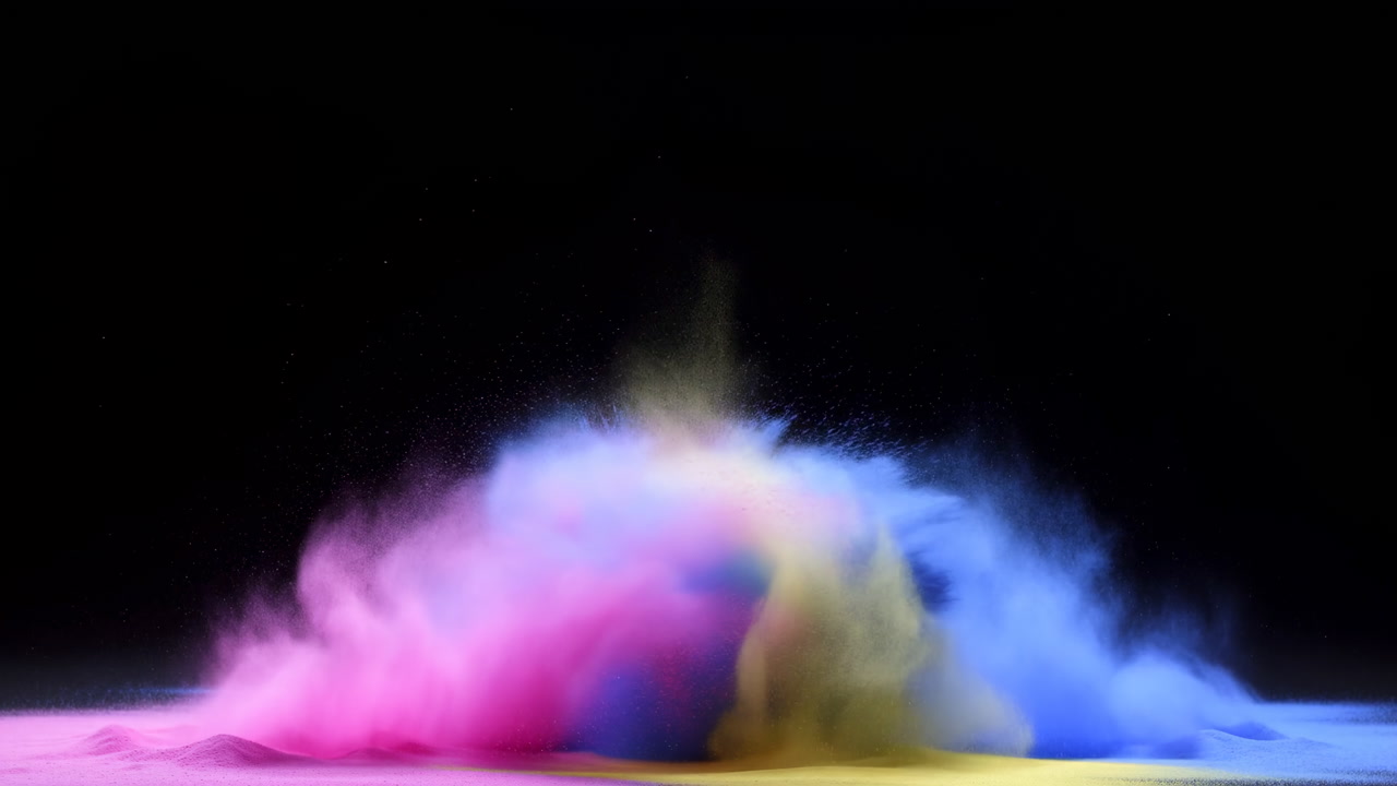 Color Powder Burst On Black, Vivid Pink Yellow And Blue Pigments Collide In Slowmotion, Dynamic Airborne