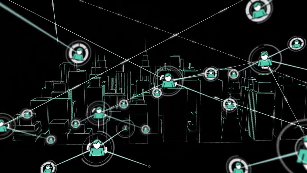 Animation of network of connections with icons over 3d architectural drawing of city in background