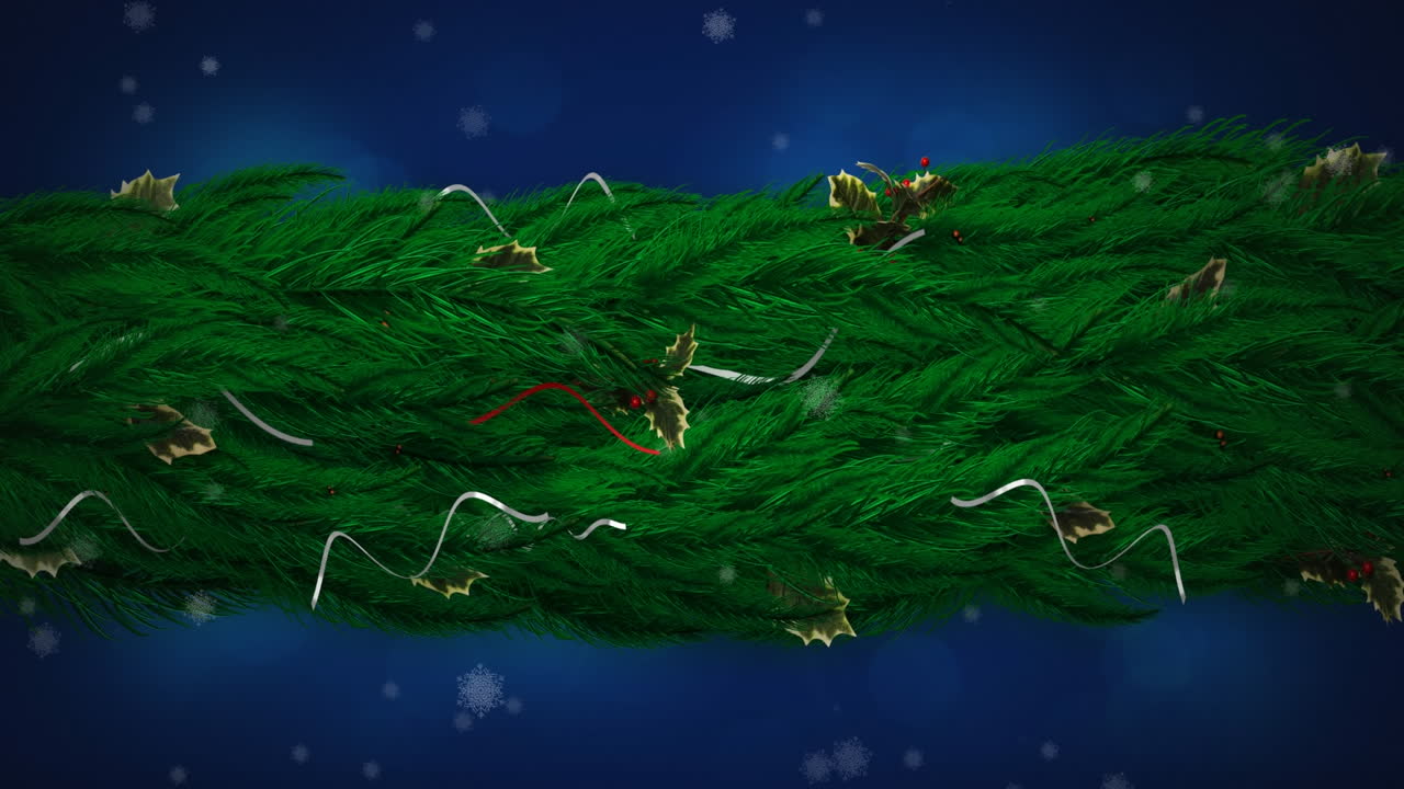 Animation of snow falling in blue sky over christmas tree branch with streamers and holly leaves
