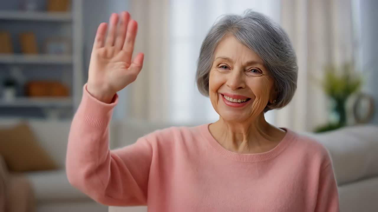Happy Senior Woman Waving and Smiling Indoors
