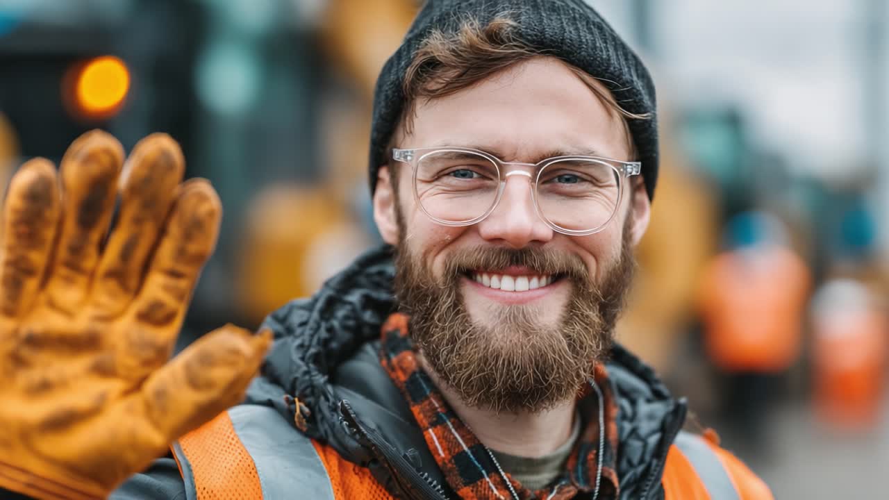 A Friendly Construction Worker Waves Hello with a Smile, Showcasing Team Spirit and Approachability in a Busy Work Environment