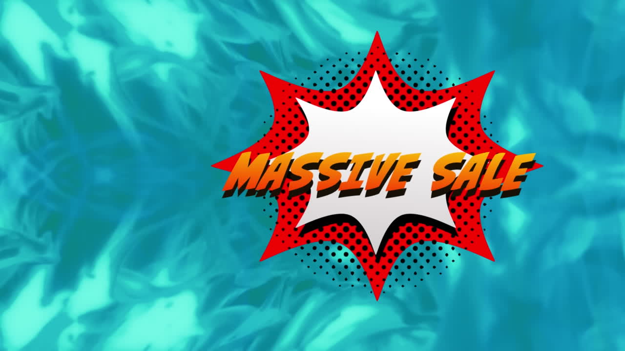 파란색 배경의 디지털 파도에 대한 레트로 연설 거품에 대한 대규모 판매 텍스트