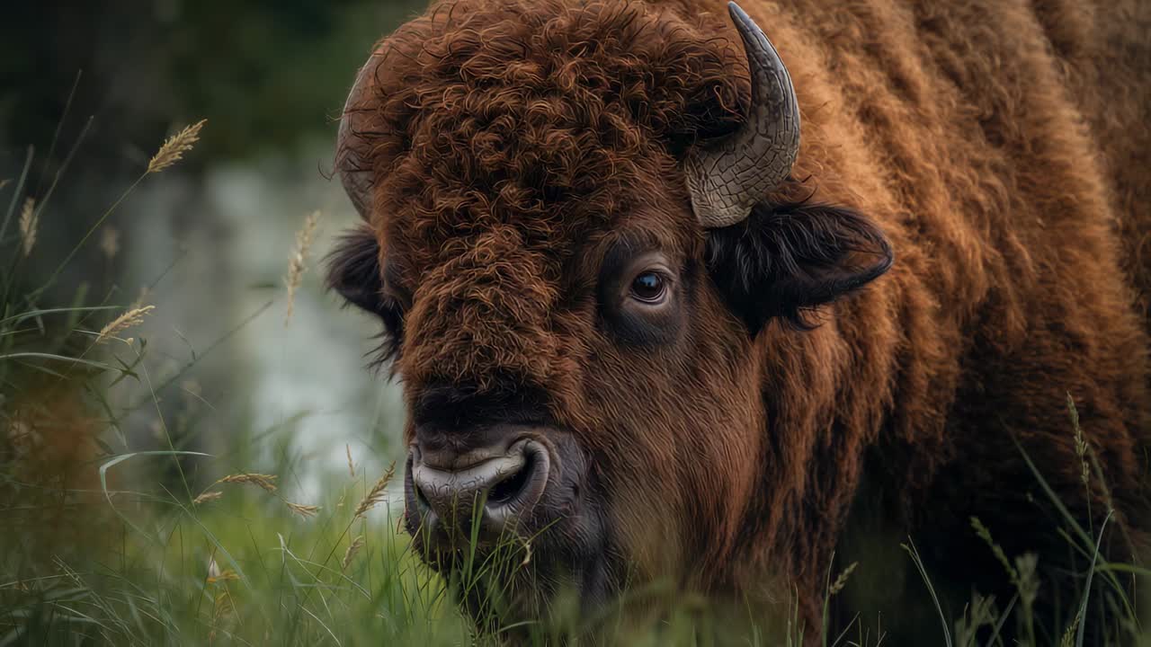 Grazing adult bison lifting muzzle and chewing grass at marsh edge, foraging and showing horns