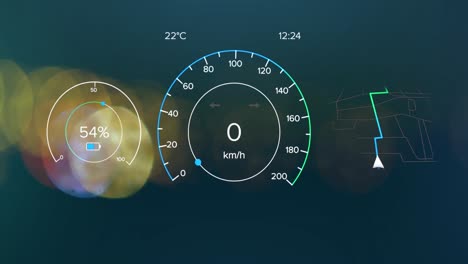 Animation-of-speedometers-and-navigation-pattern-over-blurred-lights-of-vehicles