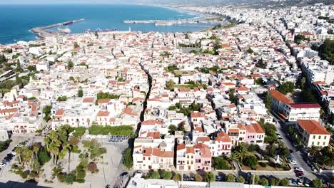 Panoramic-aerial-view-of-Rethymno-town-in-Crete-island,-aerial-view