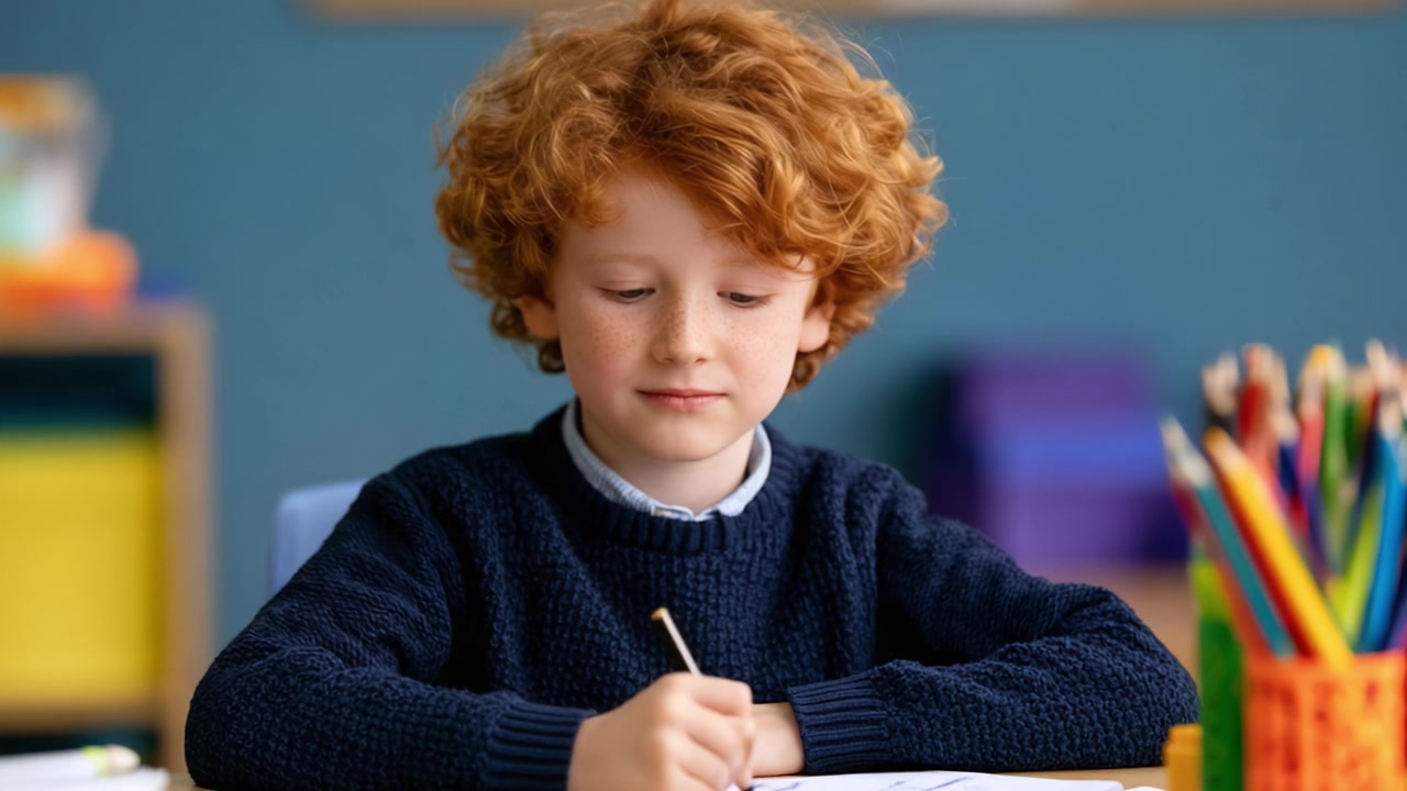 Un giovane ragazzo con capelli rossi ricci impegnato nel disegno creativo a un tavolo pieno di matite colorate, che mostra concentrazione e gioia nella sua espressione artistica.