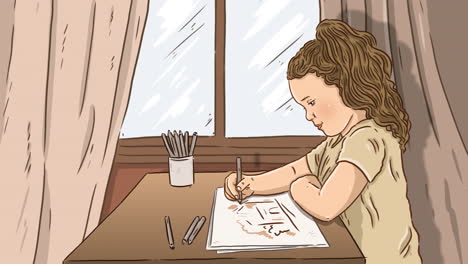 young girl drawing at a desk