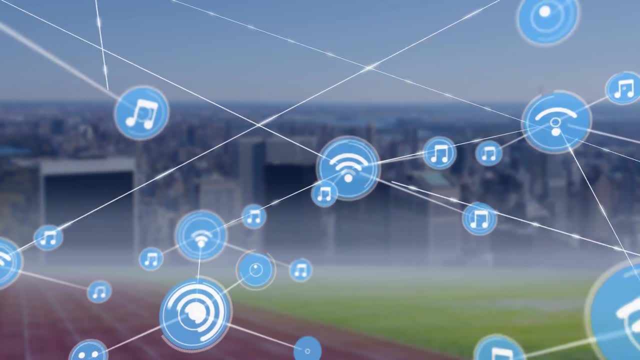 animación de una red de iconos digitales sobre una pista deportiva frente a una vista aérea del paisaje urbano.