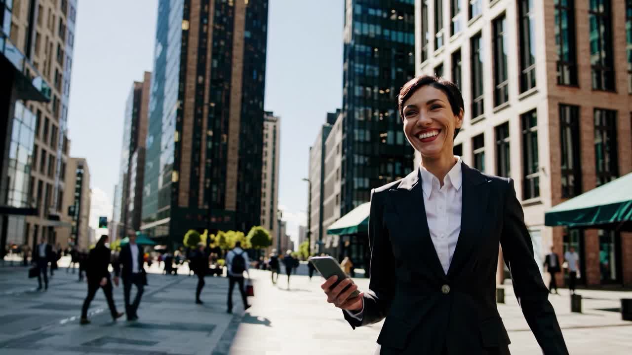 A low-angle video shot of a smiling businesswoman holding a phone, walking confidently in a bustling