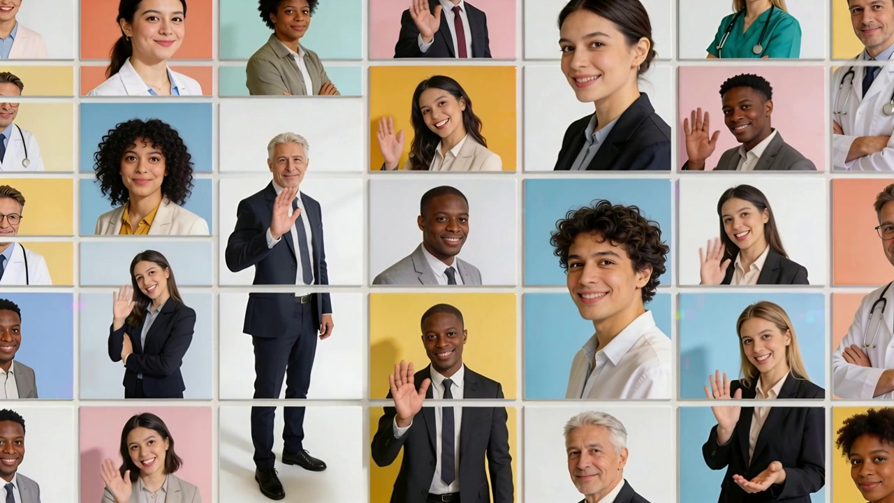 Shifting tiled grid with pastel panels in studio, team raising hands and waving, greeting audience