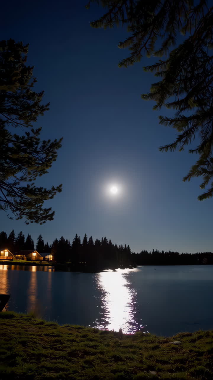 Lago Iluminado pela Lua com Cabanas Iluminadas e Floresta à Noite