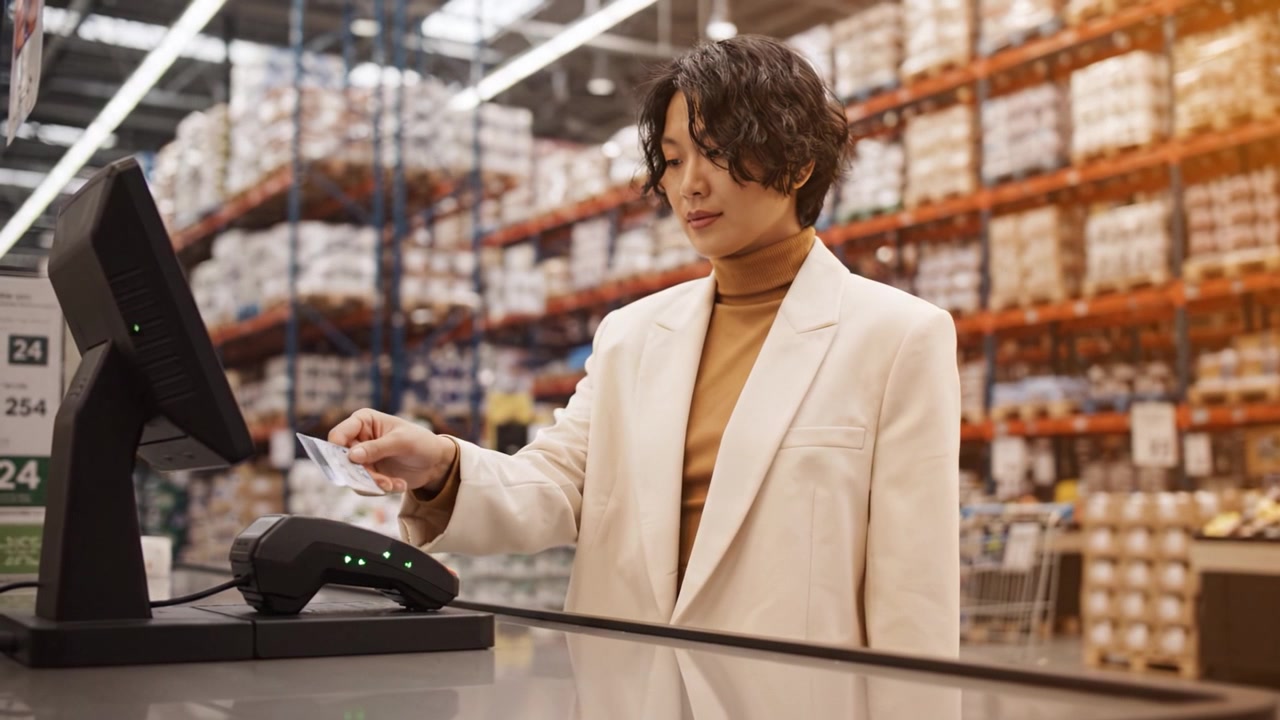 Customer Making a Payment at Self-Checkout with Card in a Grocery Store Surrounded by Products and Stock Shelving in a Bright and Spacious Environment