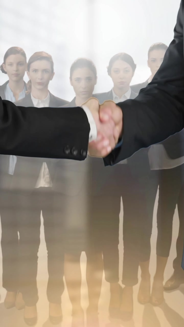 Animazione di uomo e donna d'affari che si stringono la mano su un gruppo di professionisti