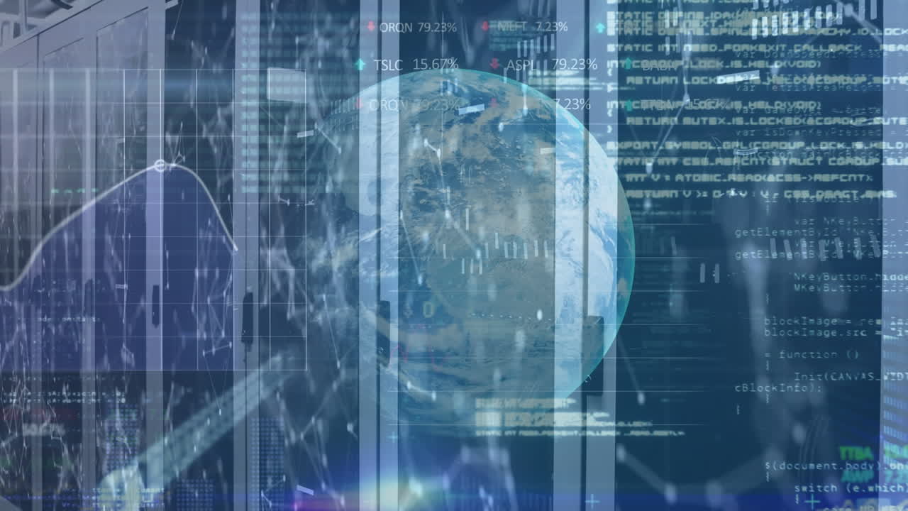 Animation of data processing with globe over server room