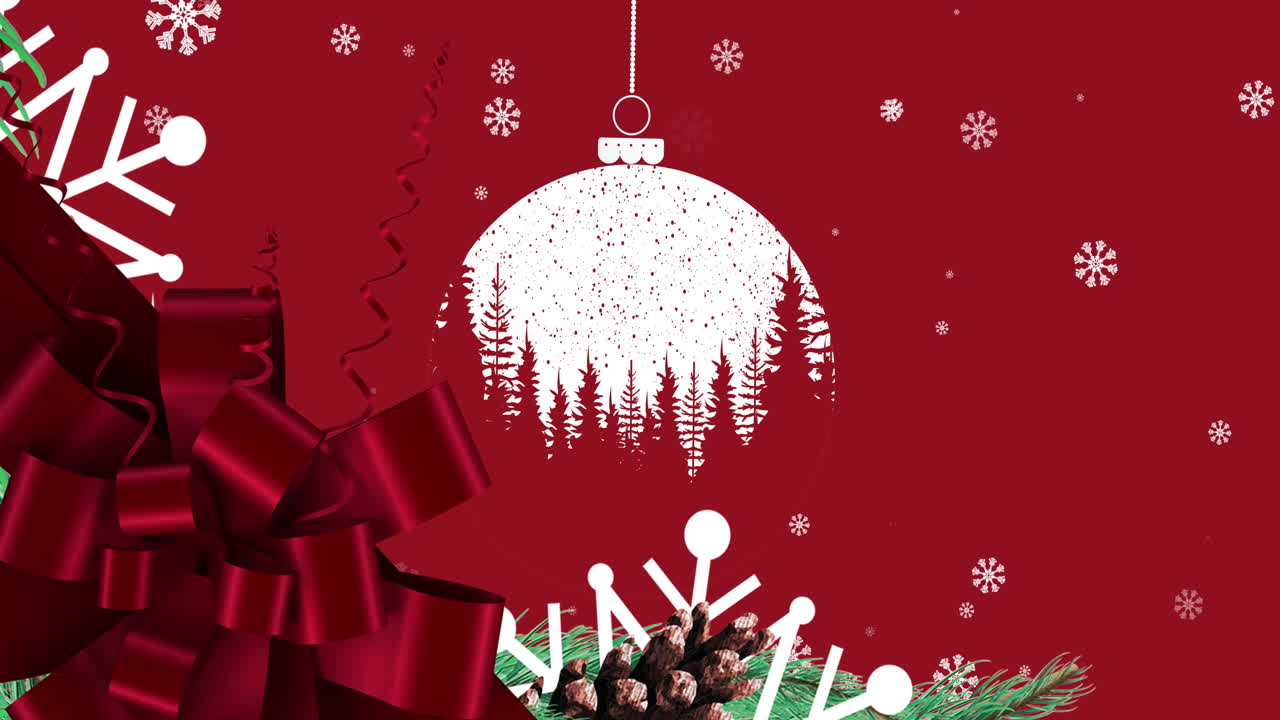 animación de la pelota de navidad sobre la nieve cayendo sobre un fondo rojo