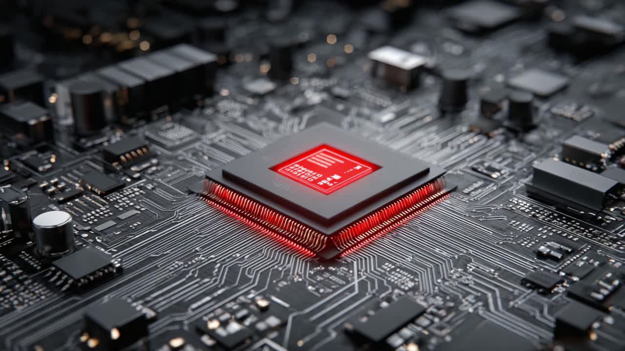 A Close-Up View of a Modern Circuit Board Featuring a Central Microprocessor with Illuminated Elements, Showcasing Advanced Technology and Design Innovations