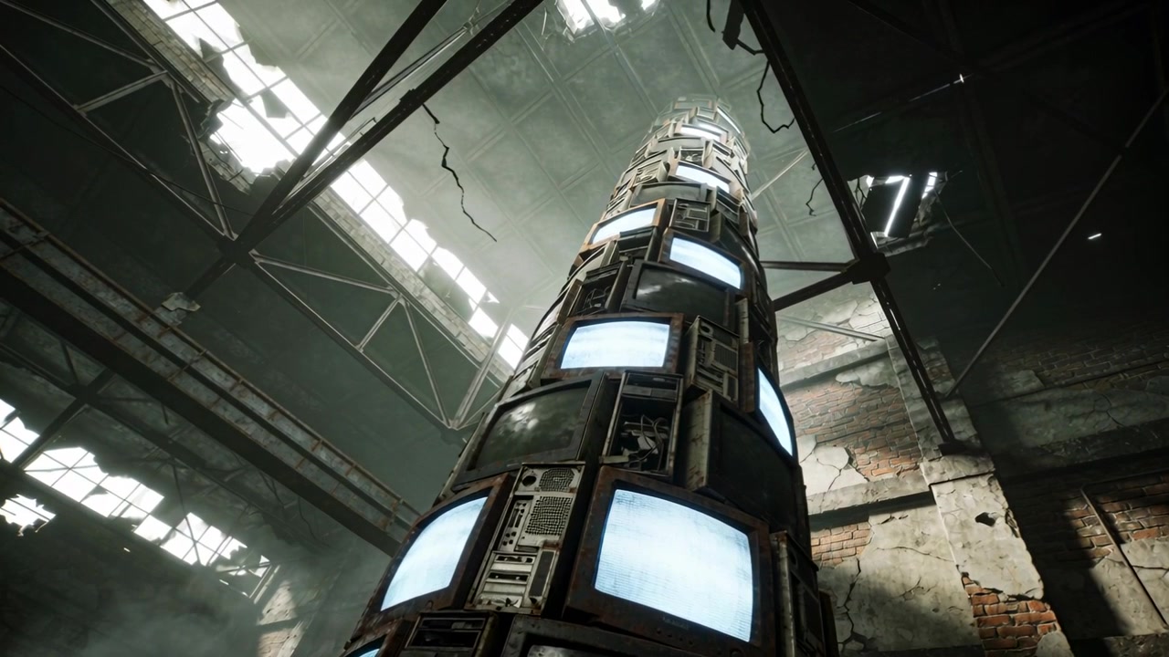 Tilting camera upward, revealing tall CRT tower with wires in warehouse to show broken skylights