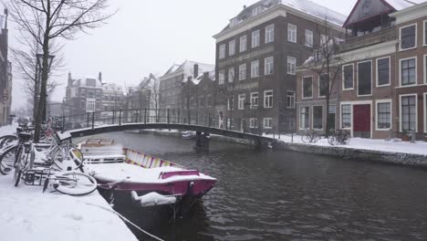 rhine river flowing through snowy leiden city centre, winter netherlands city