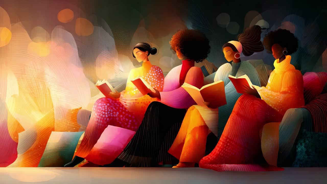 Four Women Engaged in Reading: An Artistic Exploration of Connection, Serenity, and Knowledge Represented Through Vibrant Colors and Warm Lighting
