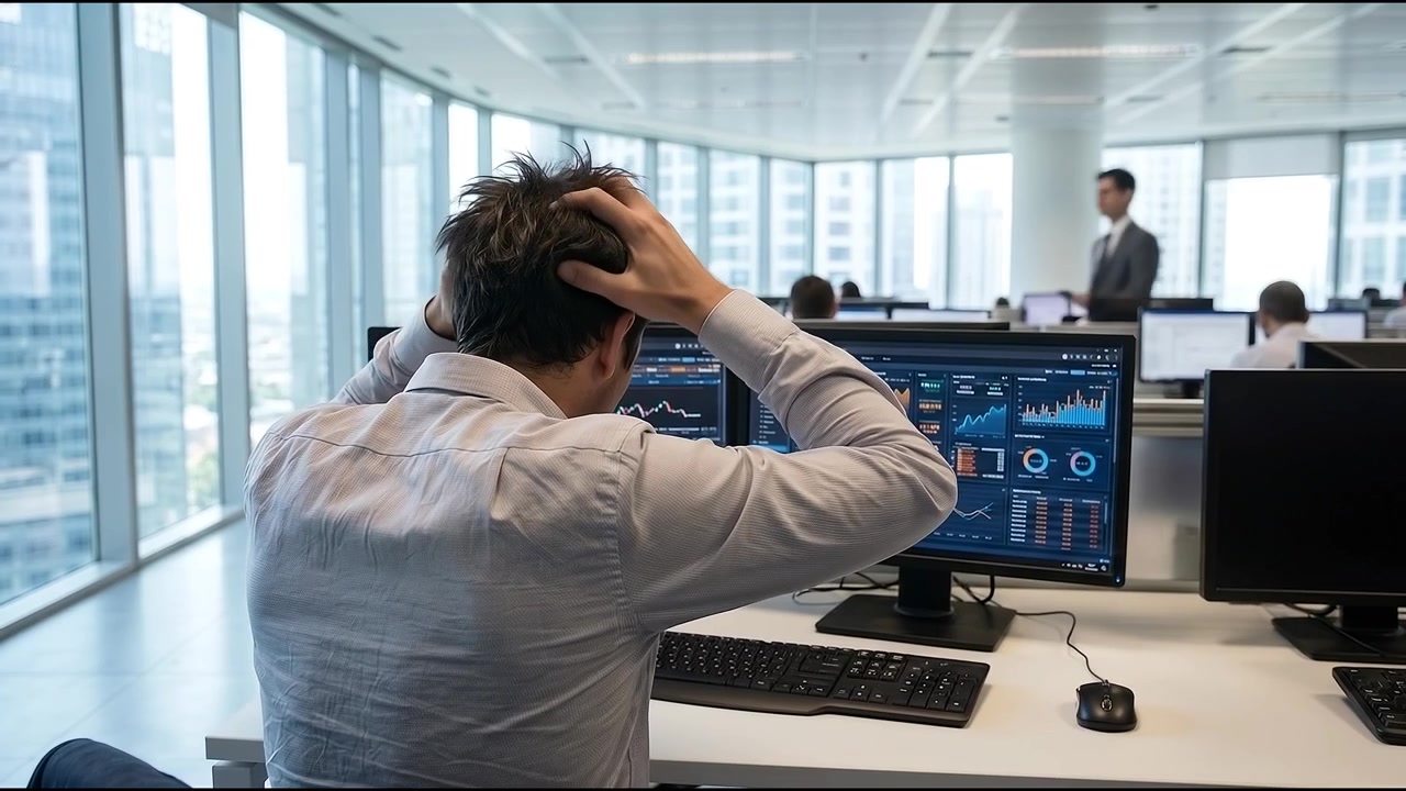 Gestresster Finanzanalyst arbeitet am Computer in einem modernen Büro