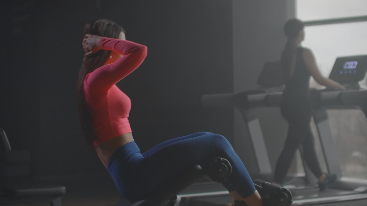 la joven bombea los músculos de los abdominales superior e inferior. se dobla y extiende el cuerpo en un banco. sus brazos están doblados en los troncos detrás de su cabeza.