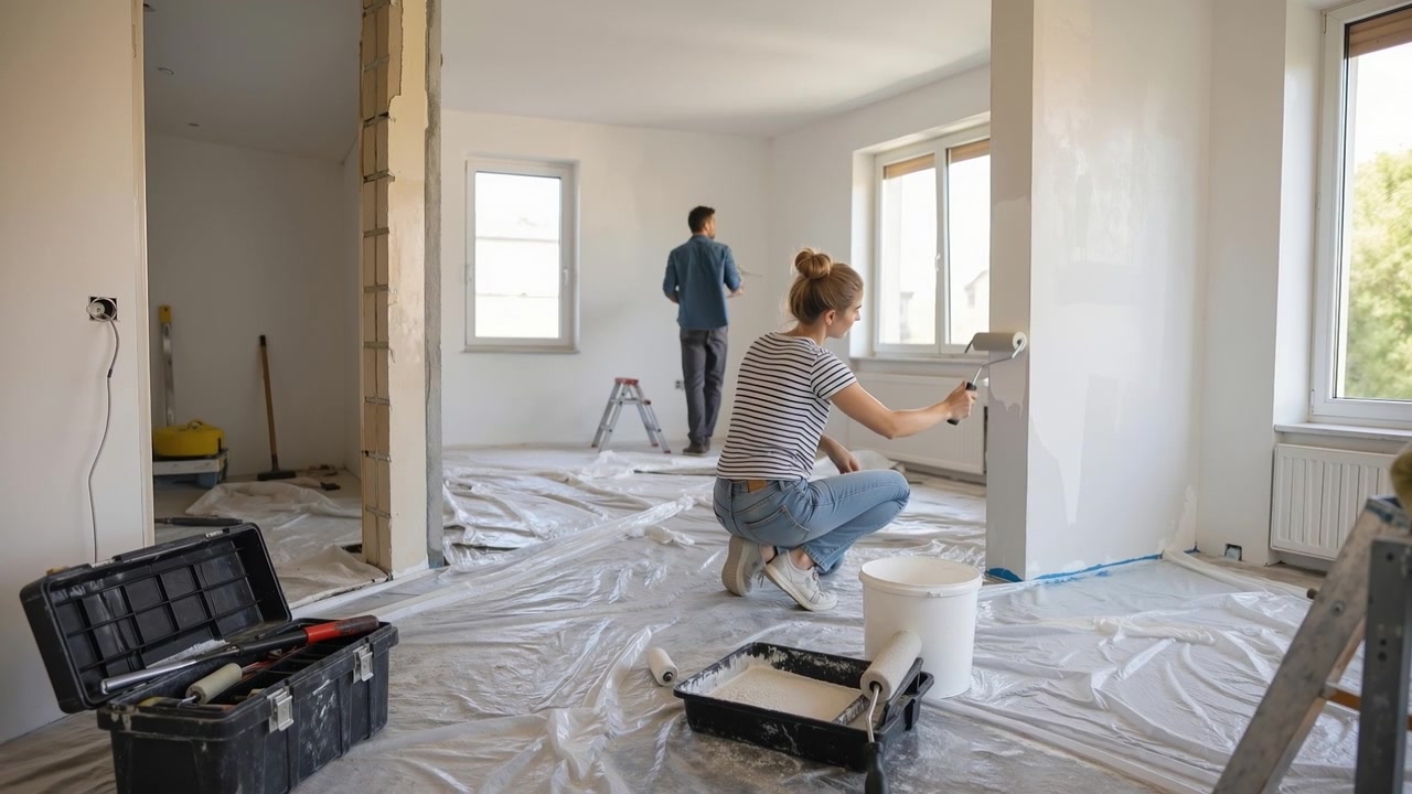Young couple painting the walls of their new home during a renovation project
