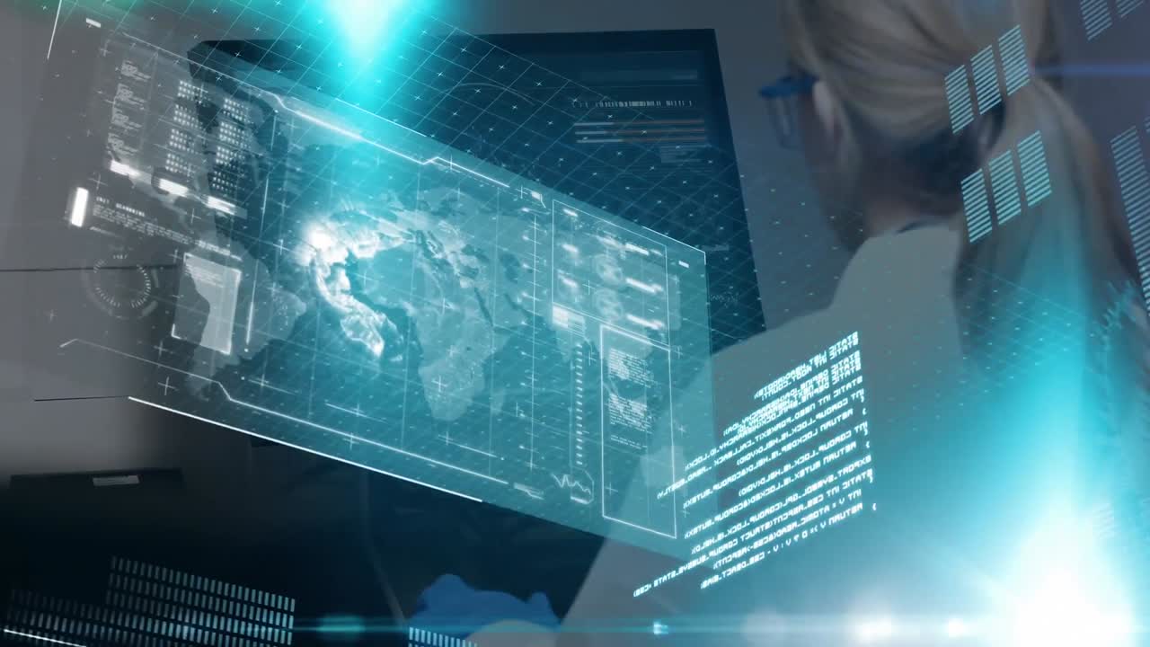 interfaz digital con procesamiento de datos contra la mujer que usa computadora