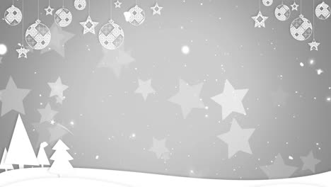 Animation-of-white-stars-and-falling-snow,-with-white-christmas-decorations-on-grey-background