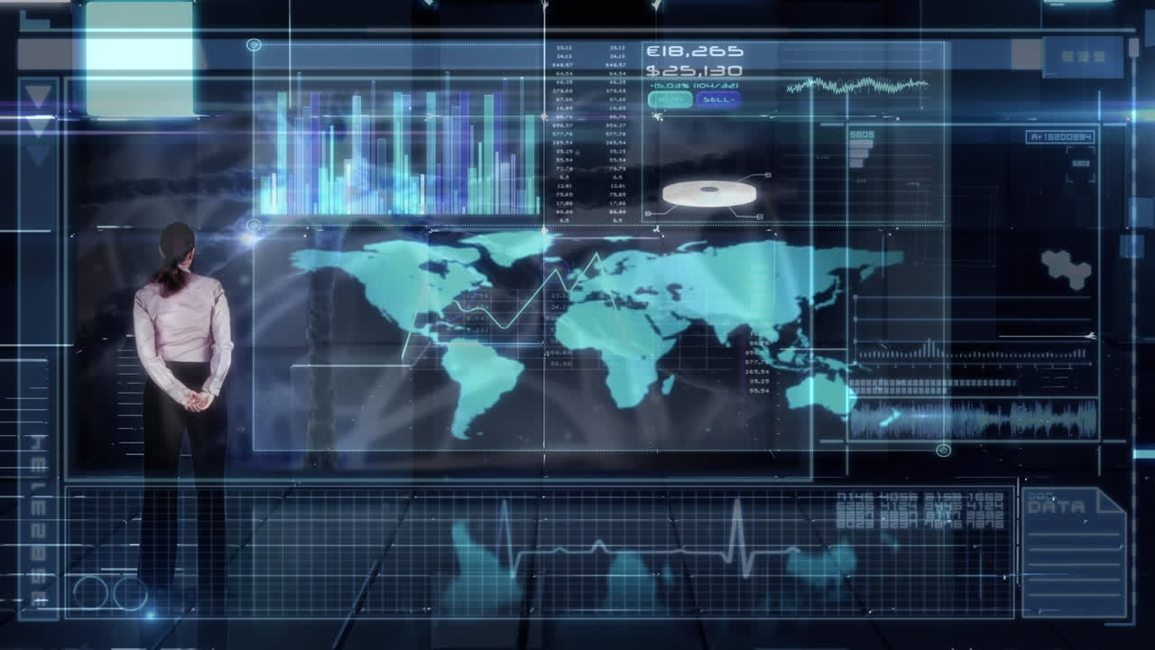 animación de la vista trasera de una mujer de negocios utilizando tecnología futurista, gráfico de mapa y barras de carga