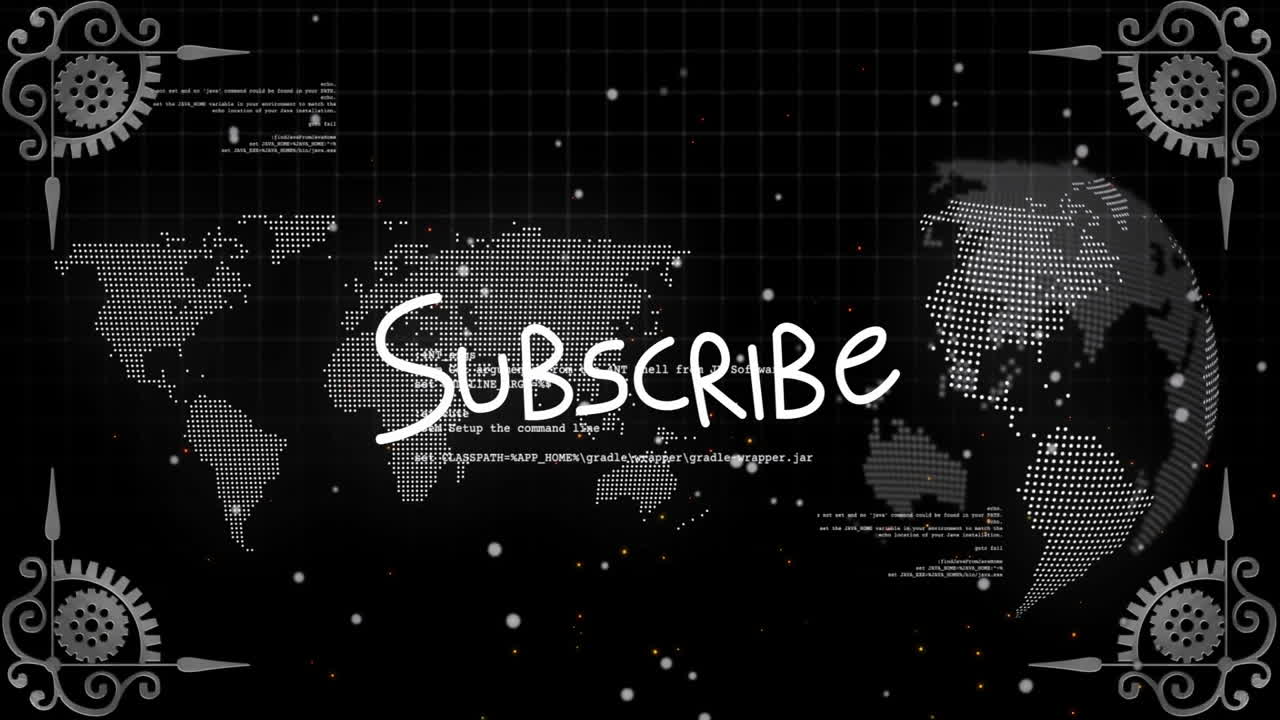 Handwritten SUBSCRIBE text being animated over interface, with map and 3D globe, code snippets