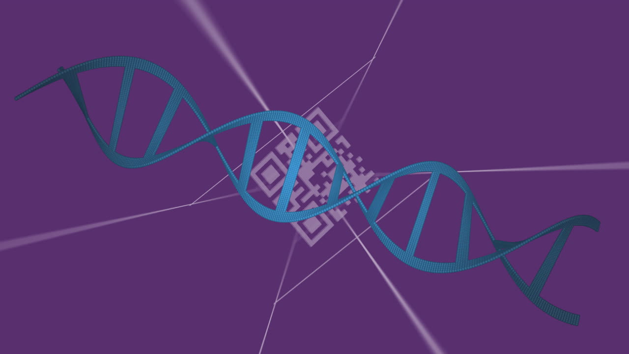 Animation of dna strand over qr code on purple background